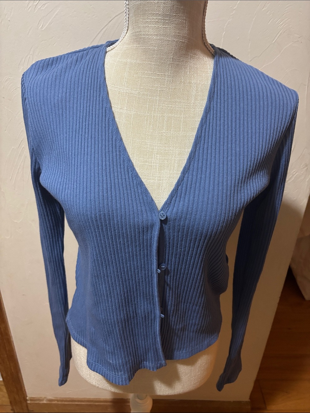 H&M Dusty Blue Ribbed V-Neck Button-Up Sweater